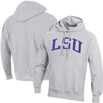Men's Champion Heathered Gray LSU Tigers Team Arch Reverse Weave Pullover Hoodie in Heather Gray