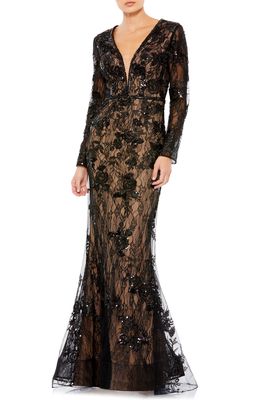 Mac Duggal Long Sleeve Lace Trumpet Gown in Black Nude