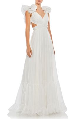 Mac Duggal Rosette Chiffon Cutout Empire Waist Gown in White