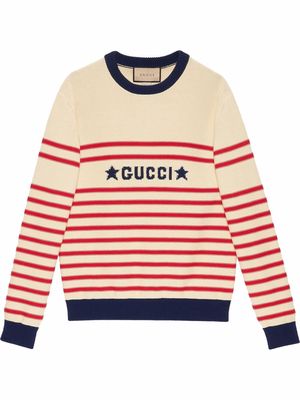 Gucci intarsia-logo striped cotton jumper - White