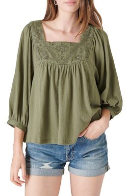 Lucky Brand Embroidered Square Neck Blouse in Deep Lichen Green