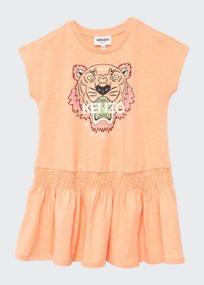 Girl's Tiger Short-Sleeve Smocked-Waist Dress, Size 6-12