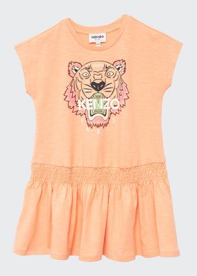 Girl's Tiger Short-Sleeve Smocked-Waist Dress, Size 2-4