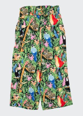 Girl's Jungle-Print Culotte Pants, Size 6-12