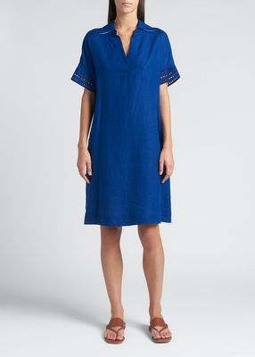 Tonya Eyelet-Trim Linen Shirtdress