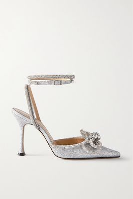 MACH & MACH - Double Bow Crystal-embellished Glittered Leather Point-toe Pumps - Silver