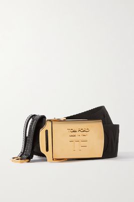 TOM FORD - Leather-trimmed Logo-jacquard Belt - Black