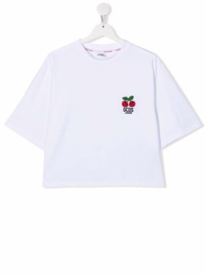 Gcds Kids TEEN cherry-embroidered cropped T-shirt - White