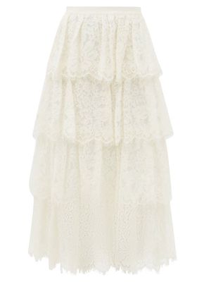 Self-portrait - Tiered Guipure-lace Cotton-blend Skirt - Womens - White