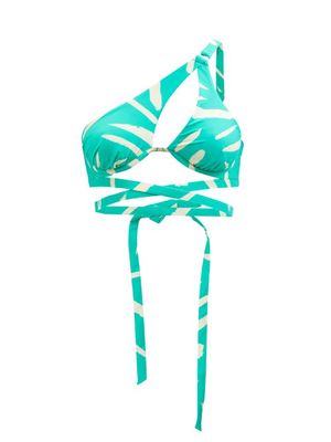 Self-portrait - Brushstroke-print One-shoulder Bikini Top - Womens - Green Print
