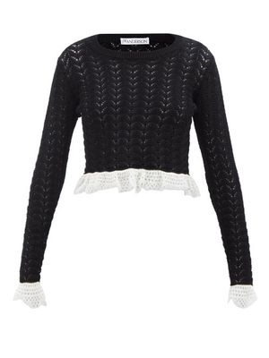 JW Anderson - Frilled-hem Cotton-crochet Top - Womens - Black White