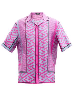 Versace - Greca-print Silk Short-sleeved Shirt - Mens - Purple Multi