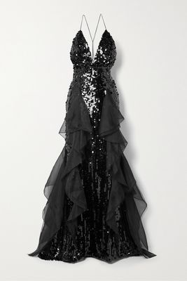 Carolina Herrera - Ruffled Sequined Tulle And Chiffon Gown - Black