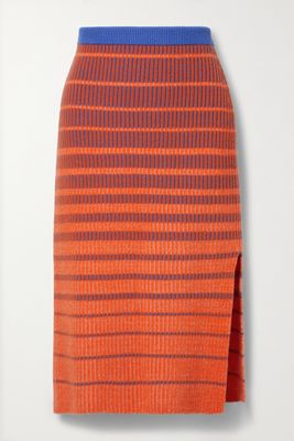 The Elder Statesman - Striped Ribbed Cashmere Midi Skirt - Orange