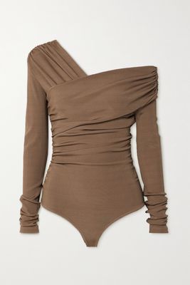 GOLDSIGN - The Fonteyn Off-the-shoulder Ruched Ribbed Stretch-jersey Thong Bodysuit - Brown