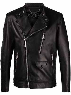 Philipp Plein logo-debossed biker jacket - Black