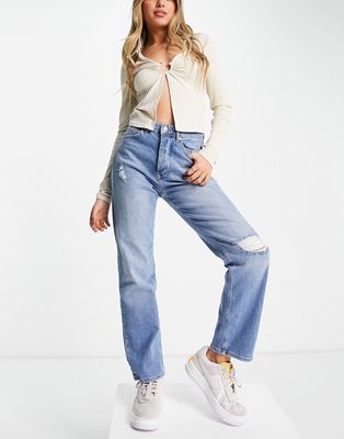 NA-KD high waisted destroyed mom jeans in blue-Blues