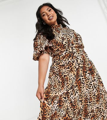 John Zack Plus exclusive puff sleeve midi dress in leopard print-Multi