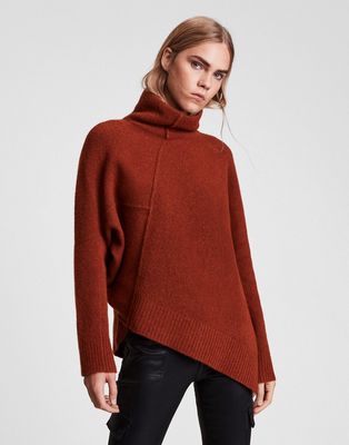 AllSaints roll neck asymetric sweater in copper-Orange