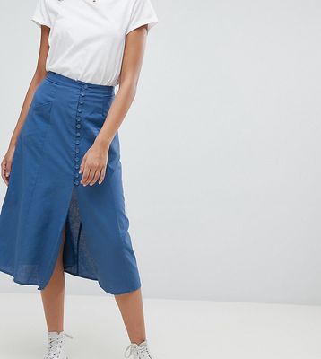 ASOS DESIGN Tall full midi skirt with button front-Blue