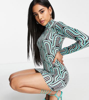 I Saw It First Petite highneck body-conscious slinky dress in graphic print-Multi