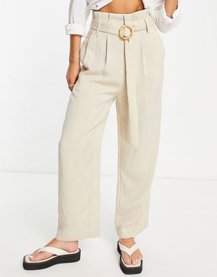 Urban Revivo high waisted linen pants with belt in beige-Neutral