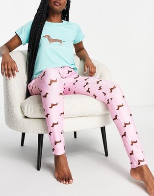Loungeable 'Sleepy Sausage' leggings pajama set in turquoise and pink