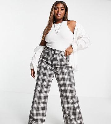 ASOS DESIGN Curve high rise 'relaxed' dad jeans in washed check with elasticated back waist-Multi