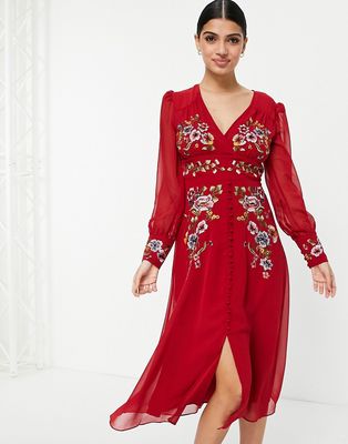Hope & Ivy long sleeve embroidered midi tea dress in red
