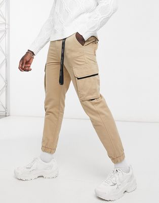 Bershka cargo pants with key chain in camel-Neutral