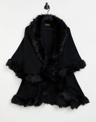 Jayley double layer faux fur trim cape in black