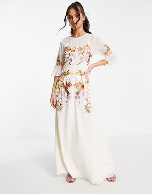 Hope & Ivy fluted sleeve embroidered maxi dress in ivory-White