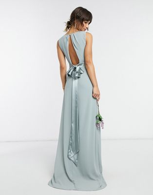 TFNC bridesmaid plunge front bow back maxi dress in sage-Green