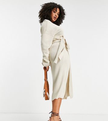 In The Style Plus x Carys Whittaker ribbed knitted wrap midi dress in stone-Neutral