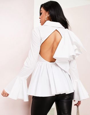 ASOS LUXE poplin shirt with ruffles and buttons in white