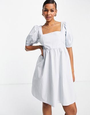 Pieces puff sleeve mini smock dress in blue-Blues