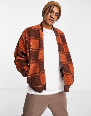 ASOS DESIGN cropped oversized jacket in teddy fleece brown check