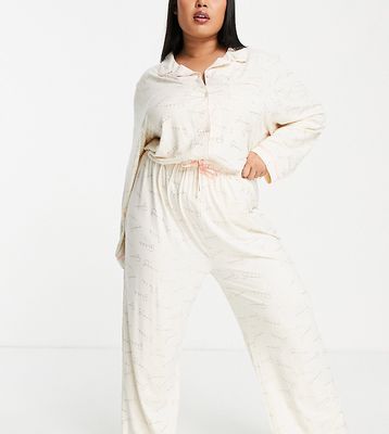 Loungeable Plus shhh foil print button through pajama set in cream-White