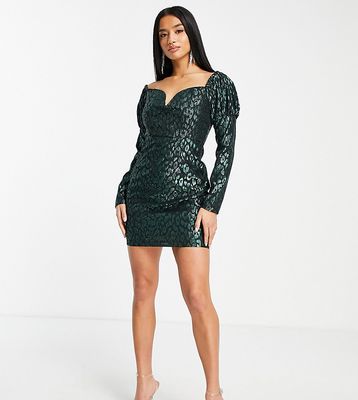 Collective the Label Petite puff long sleeve mini dress in emerald green leopard