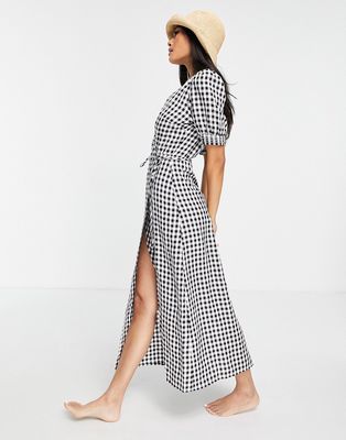 Fashion Union Exclusive beach wrap dress in gingham-Multi