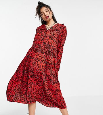 Wednesday's Girl midi smock dress with collar in bright animal print-Red