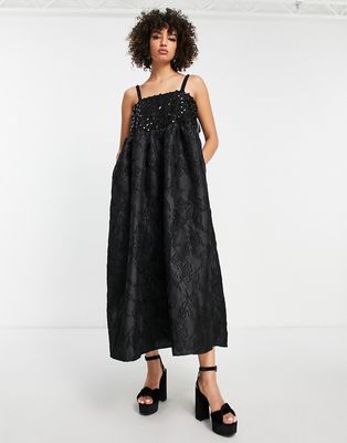 Dream Sister Jane cami maxi dress in floral jacquard with beaded straps-Black