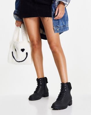 Accessorize flat lace up ankle boots in faux suede and borg cuff-Black