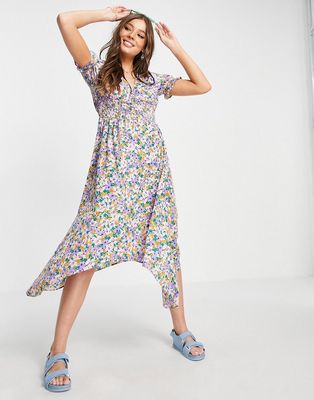 Influence floral midi tea dress with shirred sleeves-Multi