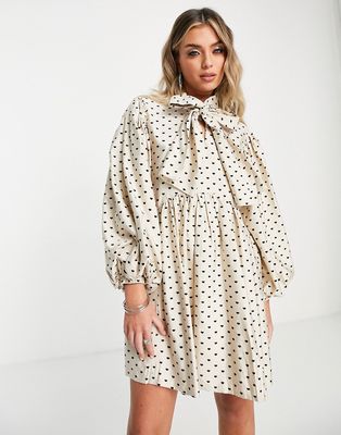 Sister Jane puff sleeve mini dress with bow in heart print-Neutral