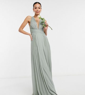 ASOS DESIGN Tall Bridesmaid ruched bodice drape maxi dress with wrap waist in olive-Green
