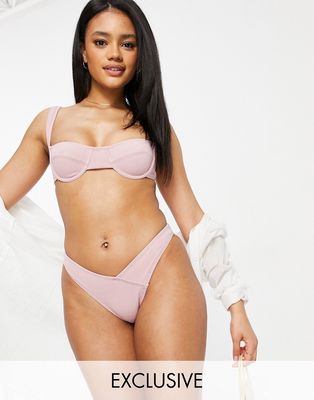 Fashion Union Exclusive high leg V bikini bottom with ruching detail in soft pink rib