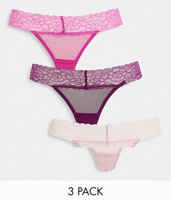 Ivory Rose 3 pack mesh and lace trim thong in pink purple and mink-Multi