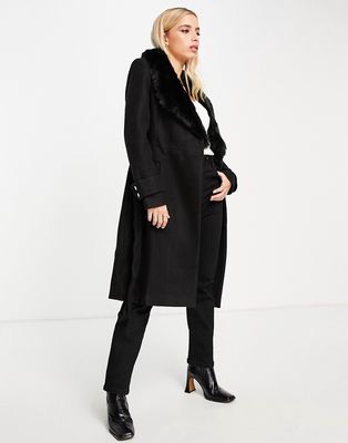 Ever New wrap tie coat with faux fur collar in black