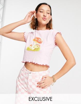 Vintage Supply baby t-shirt with toadstool graphic and lettuce hem-Pink